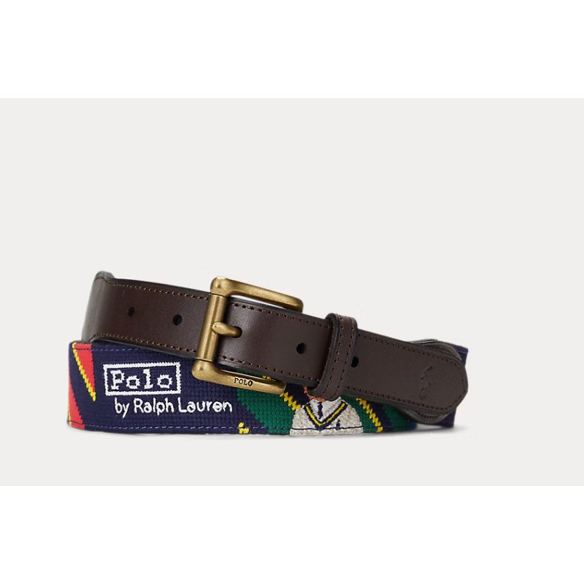 POLO RALPH LAUREN Men's Polo Bear Striped Needlepoint Belt Size 34 Multi NWT
