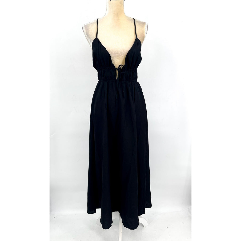 L*SPACE Women's Playa Vista Maxi Dress Medium Black Criss-Cross Linen Cotton NWT