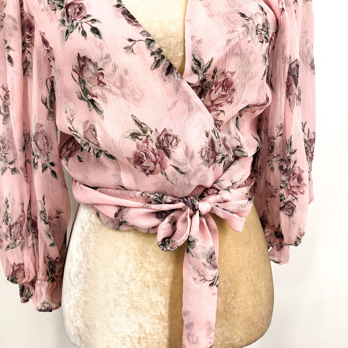 LOVE SHACK FANCY Domino Wrap Top Large Pink Dream Floral Silk Long Sleeve NWOT
