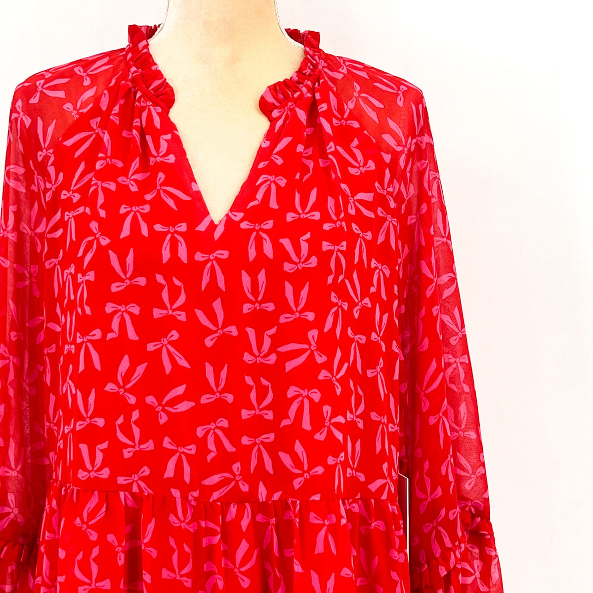 CECE Women's Bow-Print Babydoll Dress Large Red Pink Long-Sleeve NWT