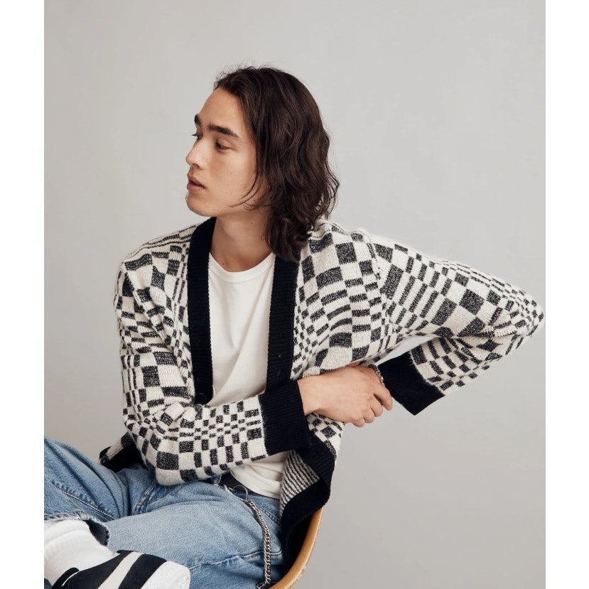 Corridor Mens Optic Alpaca Cardigan XL Black Check Print Sweater NH809 NWT