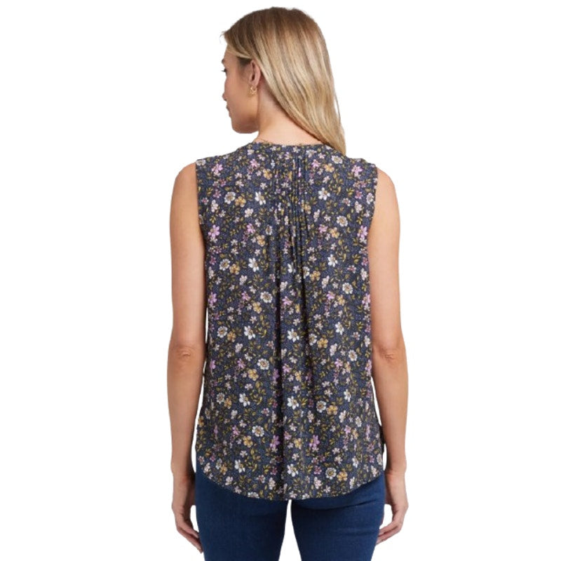 NYDJ Womens Sleeveless Blouse Top Large Marisol Blue Floral Print Split Neck NWT