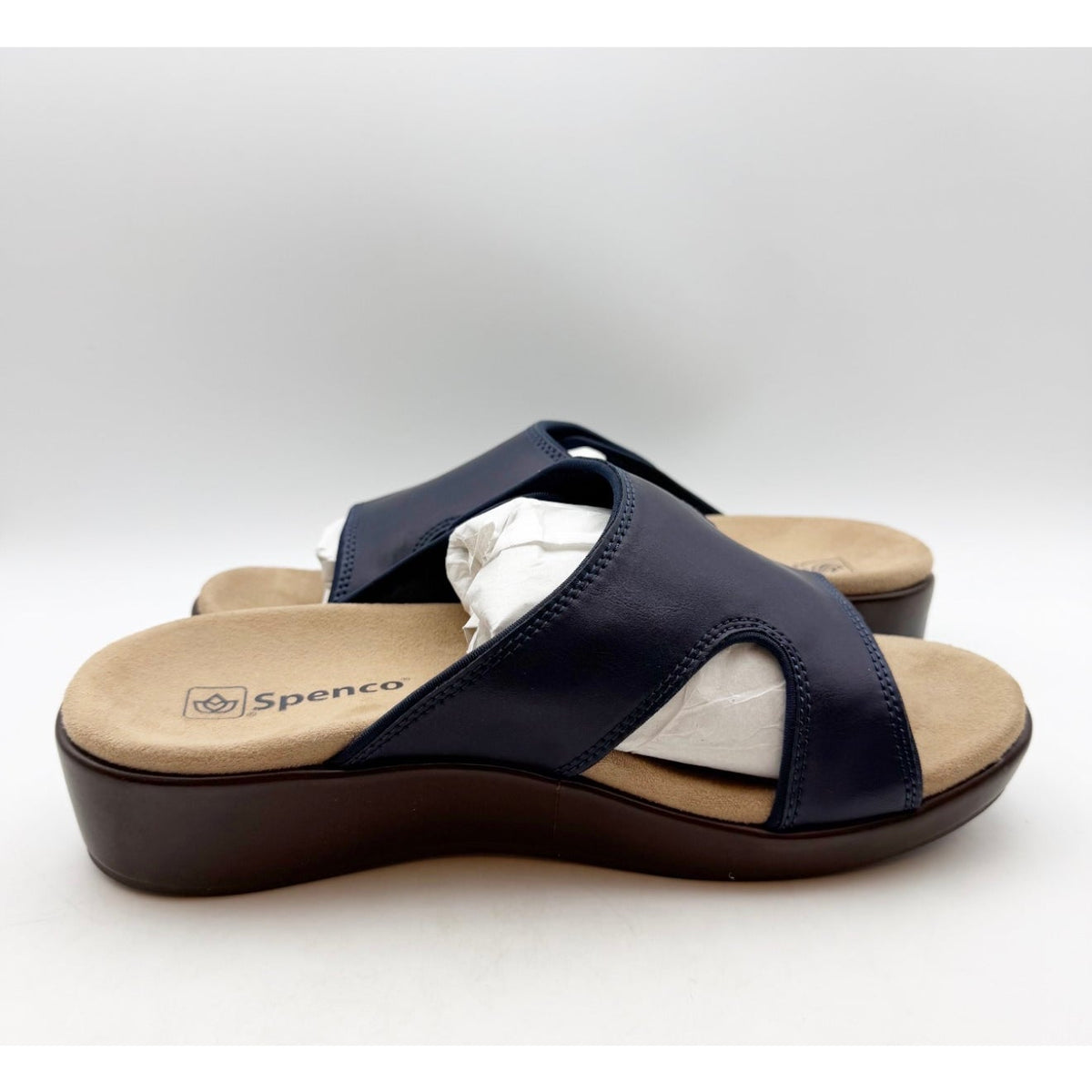 Spenco Women's Karla Wedge Sandals Size 10 Wide Blue Peacoat Navy Brown NIB