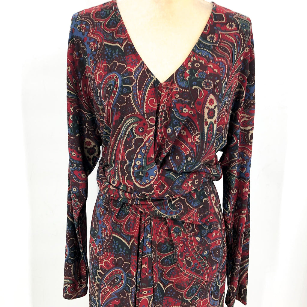 LAUREN RALPH LAUREN Twist-Front Jersey Dress Size 12 Red Checked Paisley NWT