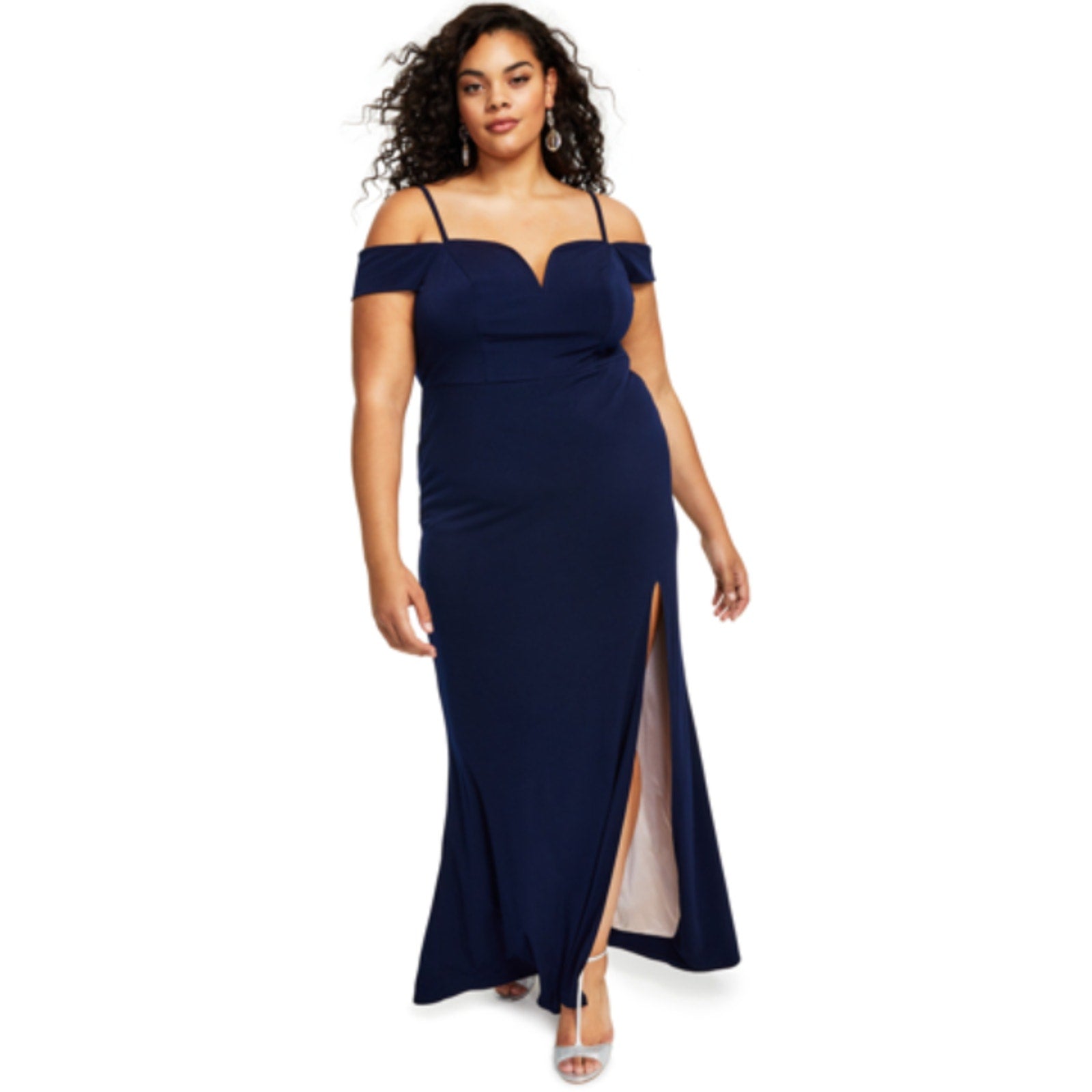 CITY STUDIO Trendy Off-The-Shoulder Gown 20W Navy Blue Rose Pink Dress Slit NWT