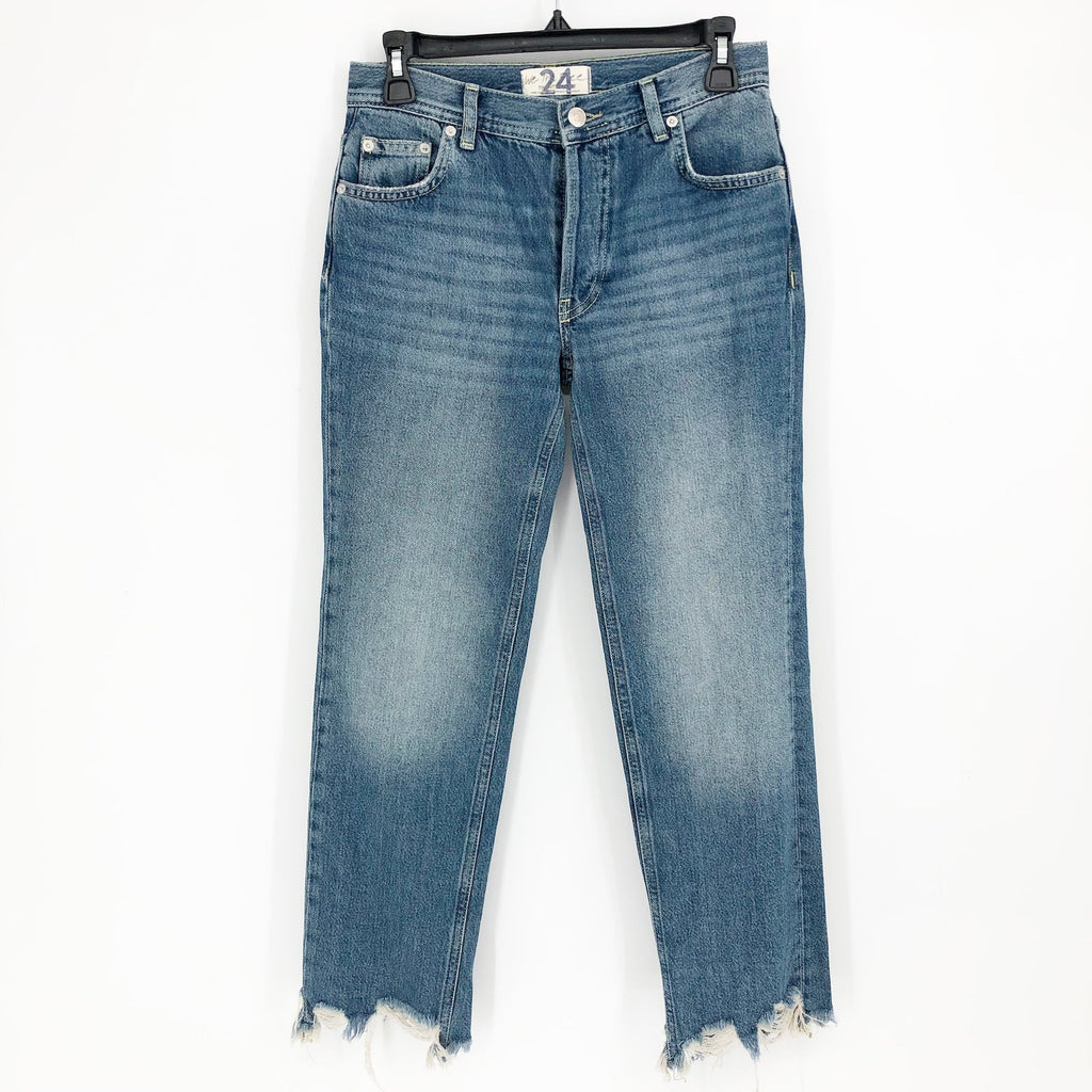 WE THE FREE BY FP Maggie Straight-Leg Jeans Size 24 Blue Raw Hem Mid-Rise NWOT
