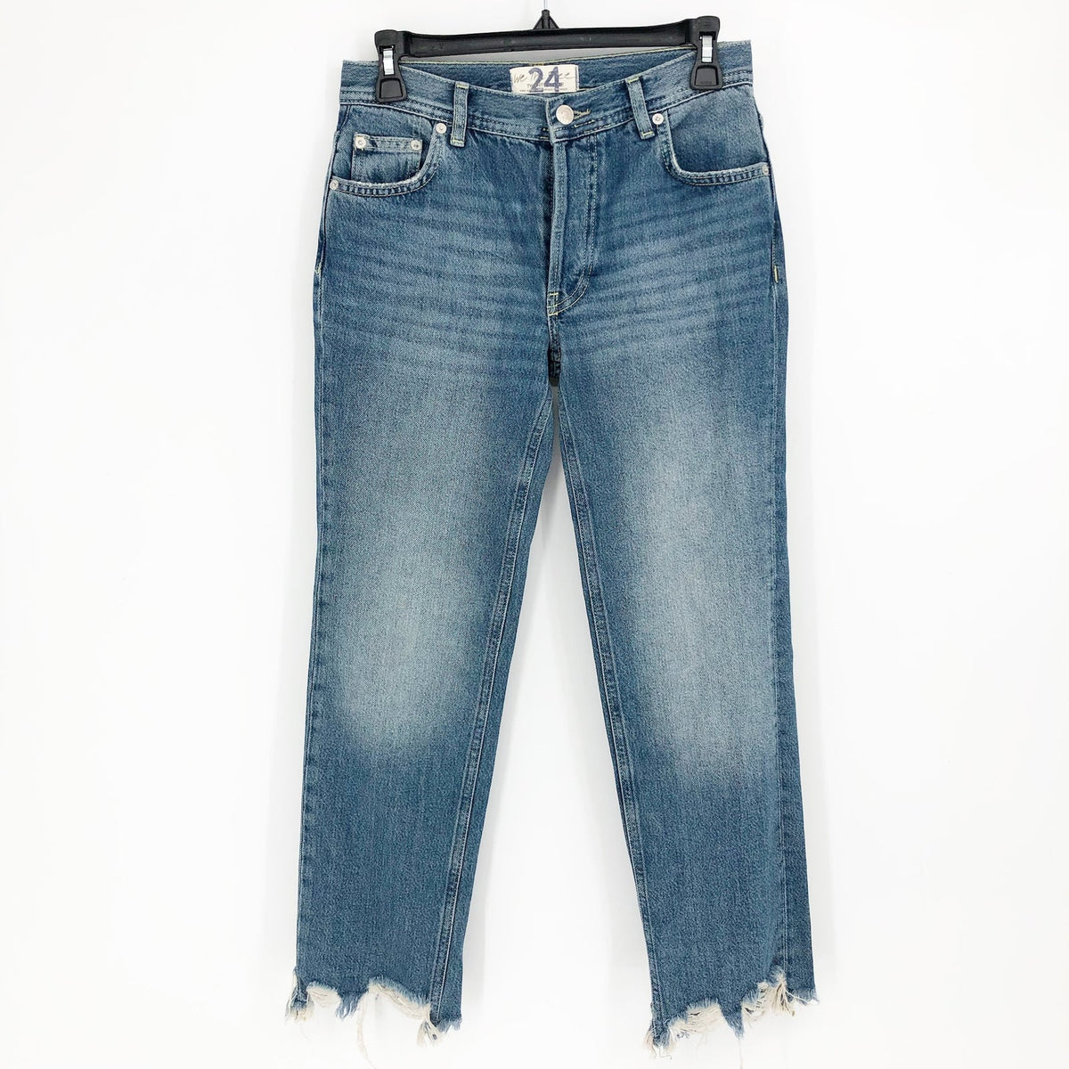 WE THE FREE BY FP Maggie Straight-Leg Jeans Size 24 Blue Raw Hem Mid-Rise NWOT