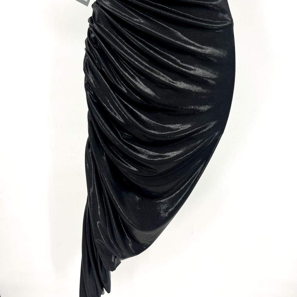 NORMA KAMALI Diana Strapless Midi Dress XS 34 Black Metallic Ruched Stretch NWT