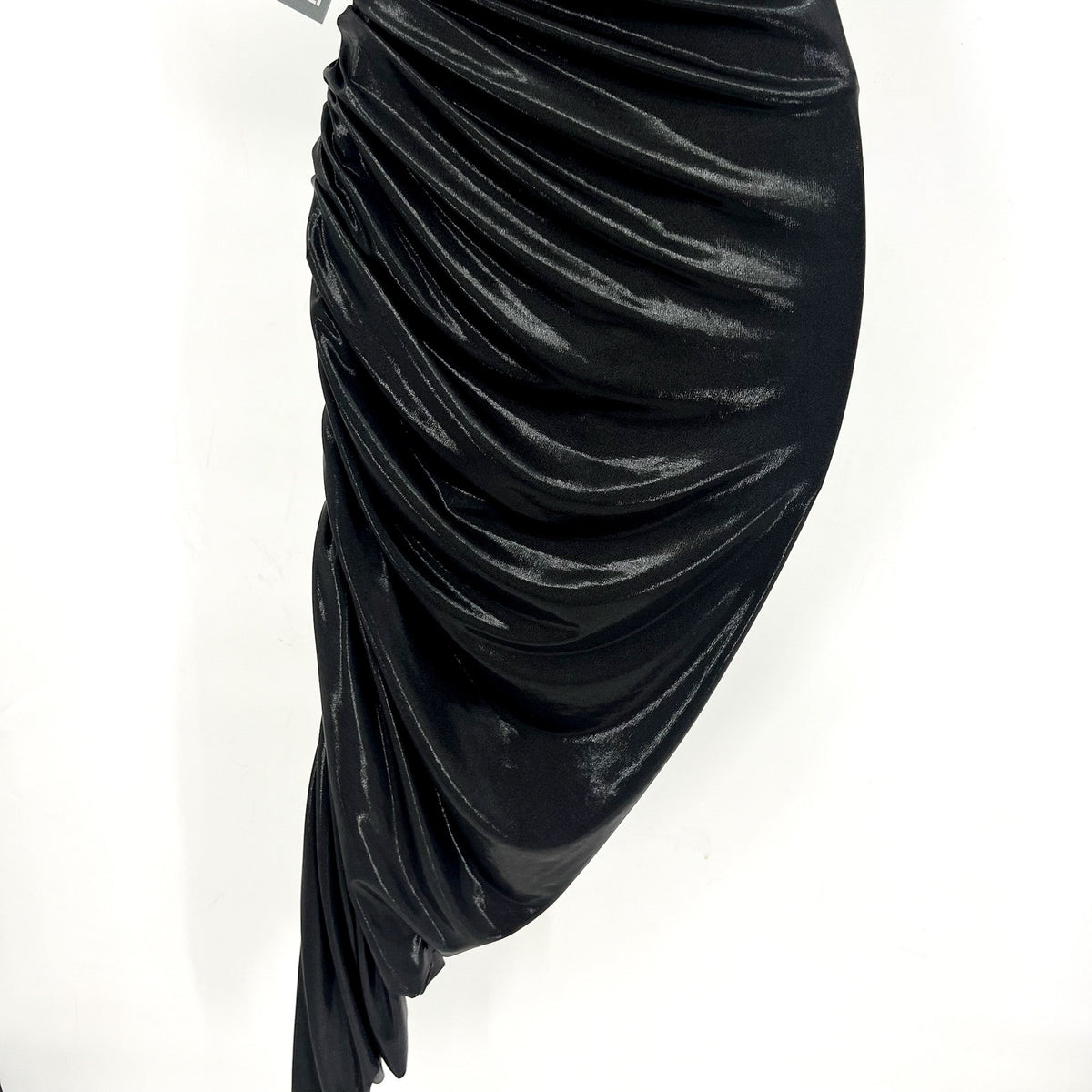 NORMA KAMALI Diana Strapless Midi Dress XS 34 Black Metallic Ruched Stretch NWT