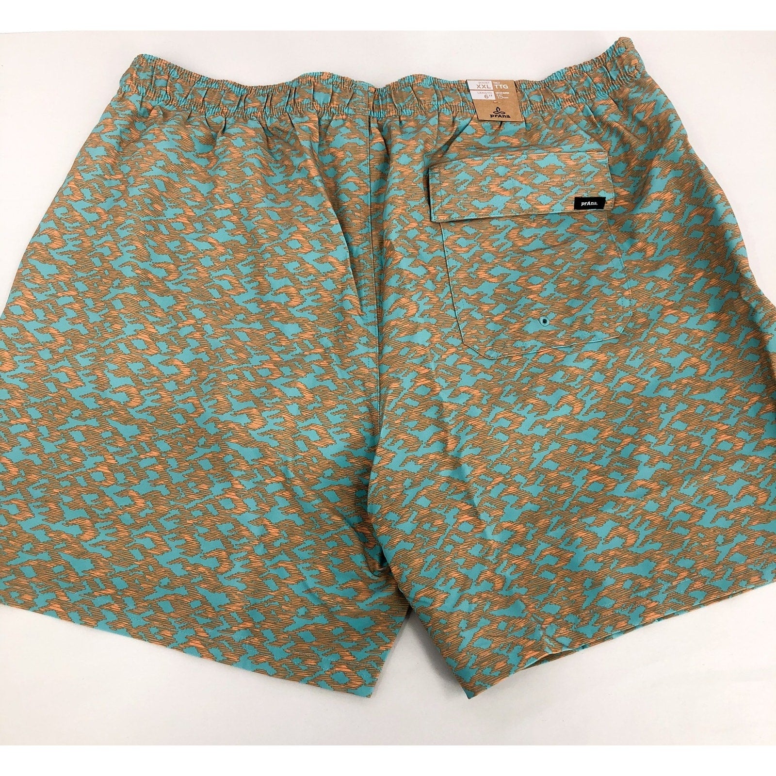 PRANA Men's Plunge Swim Shorts XXL Blue Tan Aqua Current 6" Inseam NWT