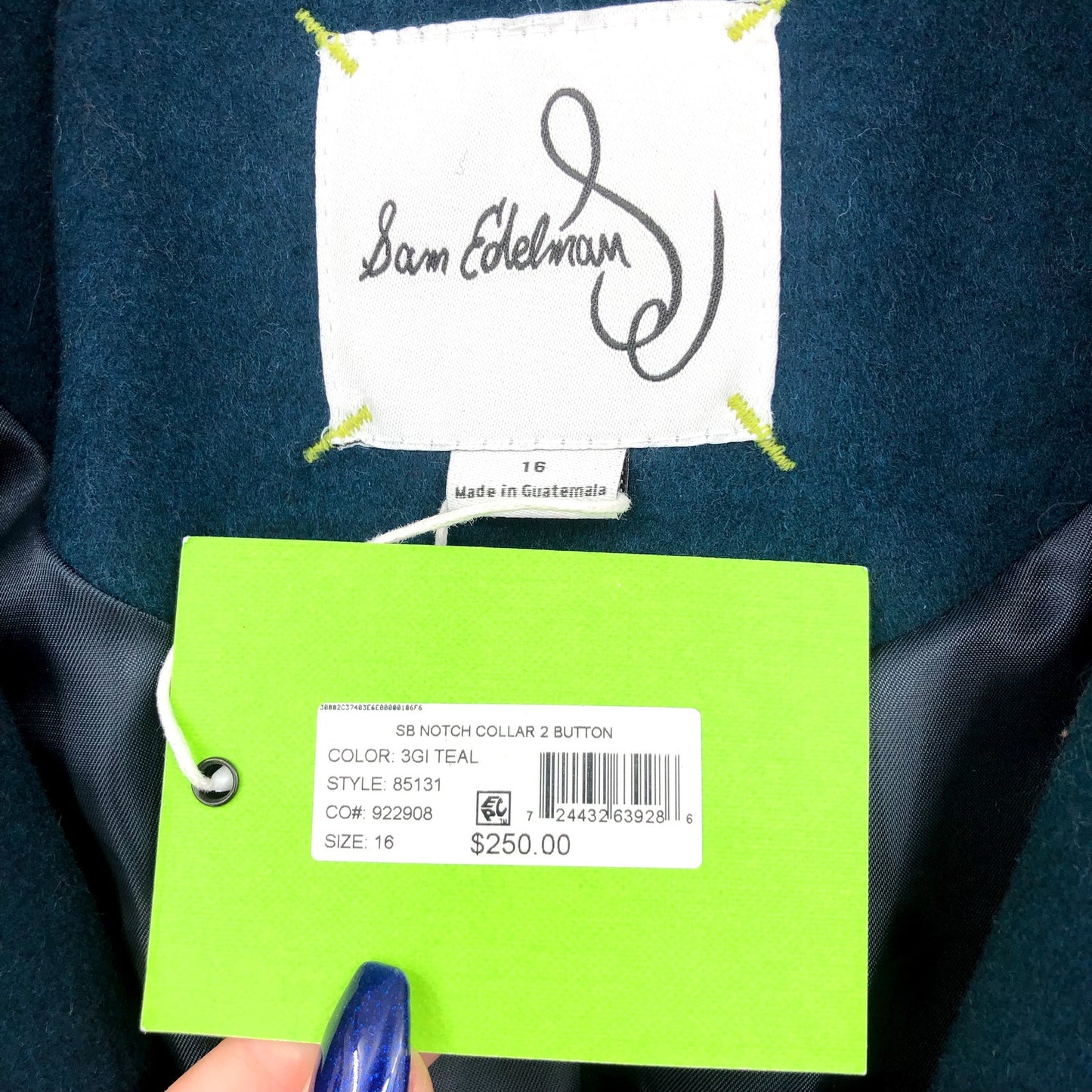 SAM EDELMAN Women's Longline Coat Size 16 Teal Blue Wool Blend  NWT