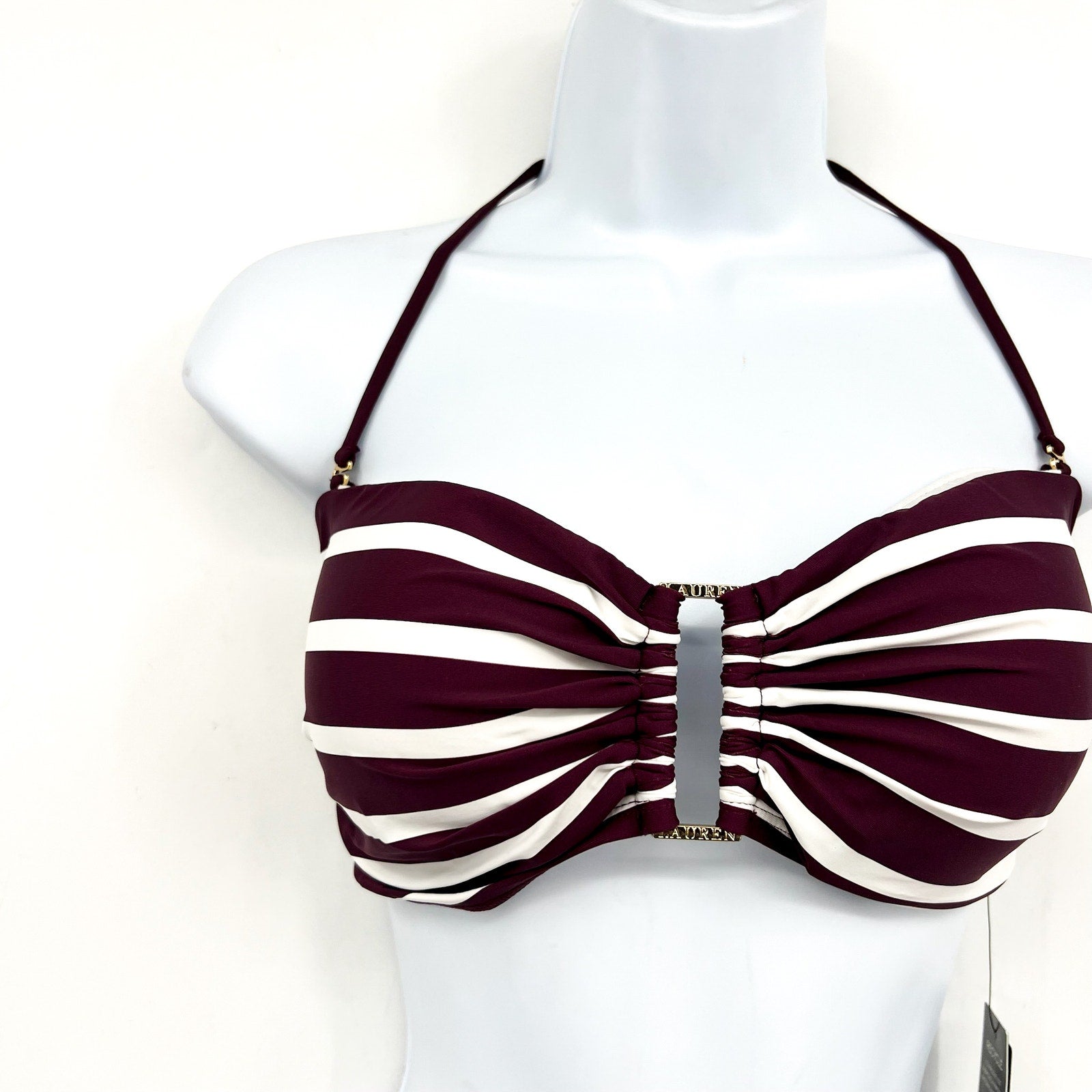LAUREN RALPH LAUREN Largo Stripe Ring Bandeau Bikini Top Size 14 Red Claret NWT