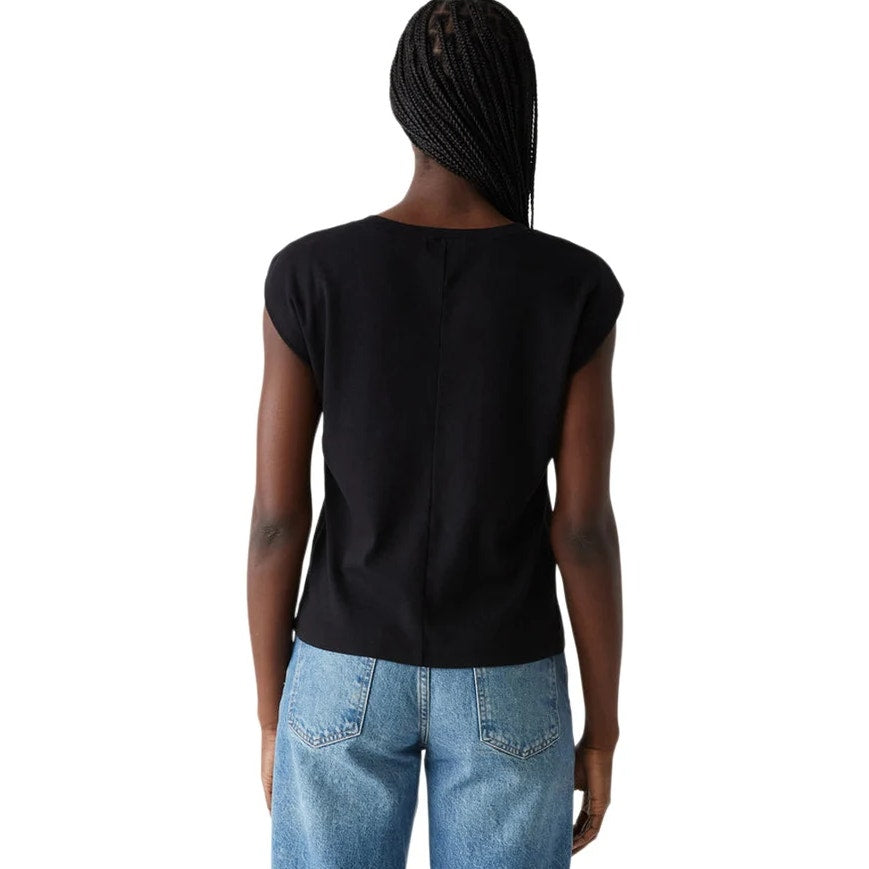 MICHAEL STARS Women's Tati V-Neck Power Shoulder Top Medium Black NWT