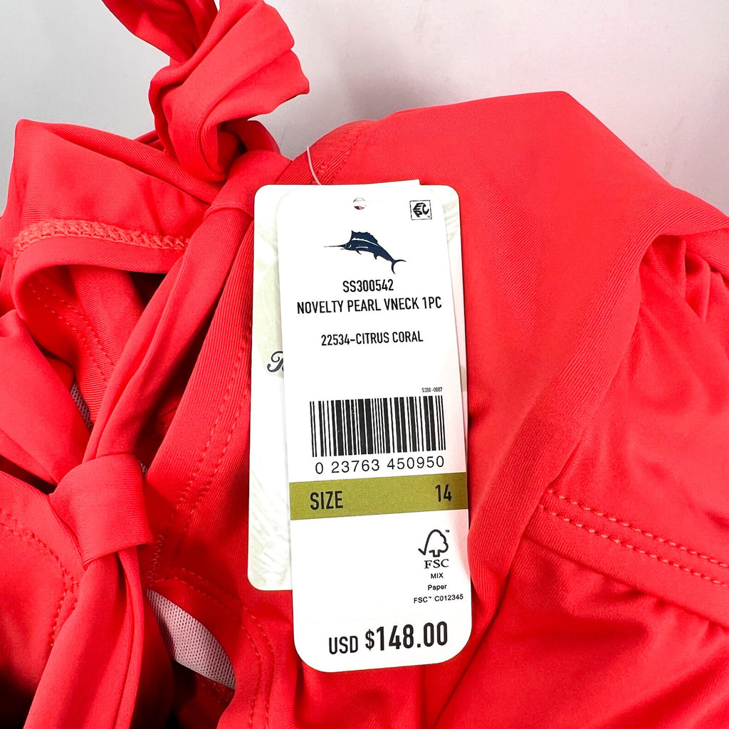 TOMMY BAHAMA Novelty Pearl One Piece Swimsuit Size 14 Pink Coral V neck NWT