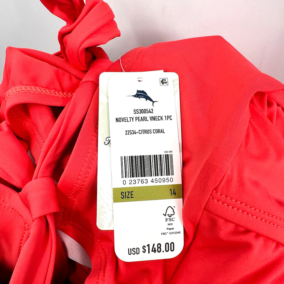 TOMMY BAHAMA Novelty Pearl One Piece Swimsuit Size 14 Pink Coral V neck NWT