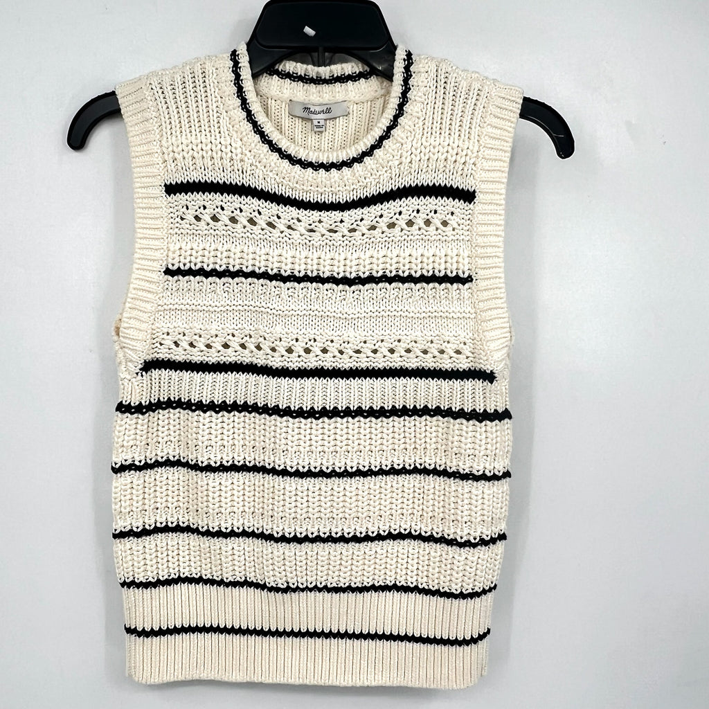 MADEWELL Womens Striped Sweater Vest Medium Cream Black Stripe 100% Cotton NWT