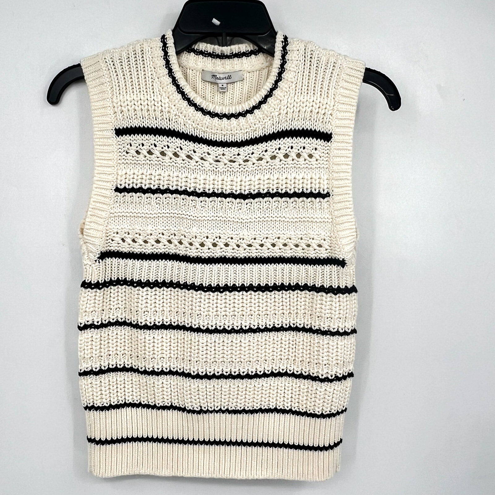 MADEWELL Womens Striped Sweater Vest Medium Cream Black Stripe 100% Cotton NWT