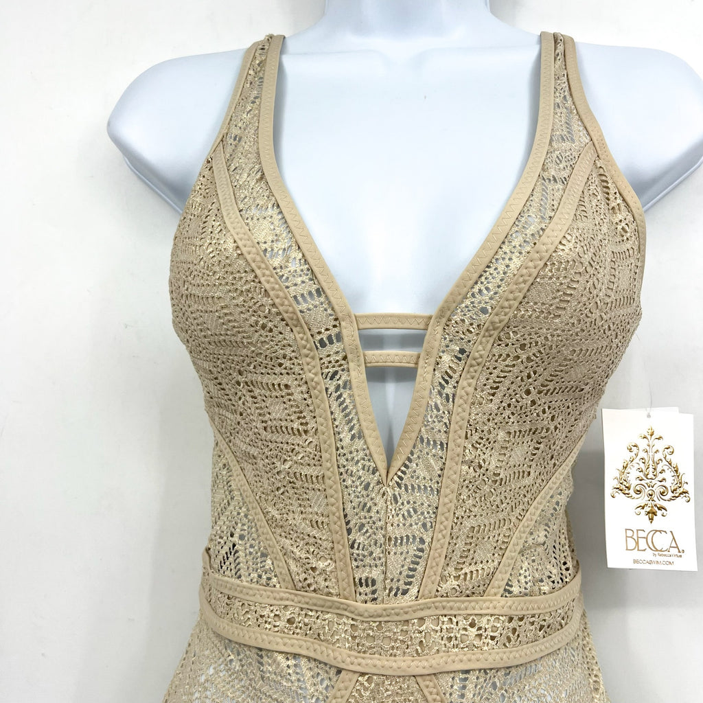BECCA Women's Polished Crochet Plunge One Piece Swimsuit Small Gold NWT