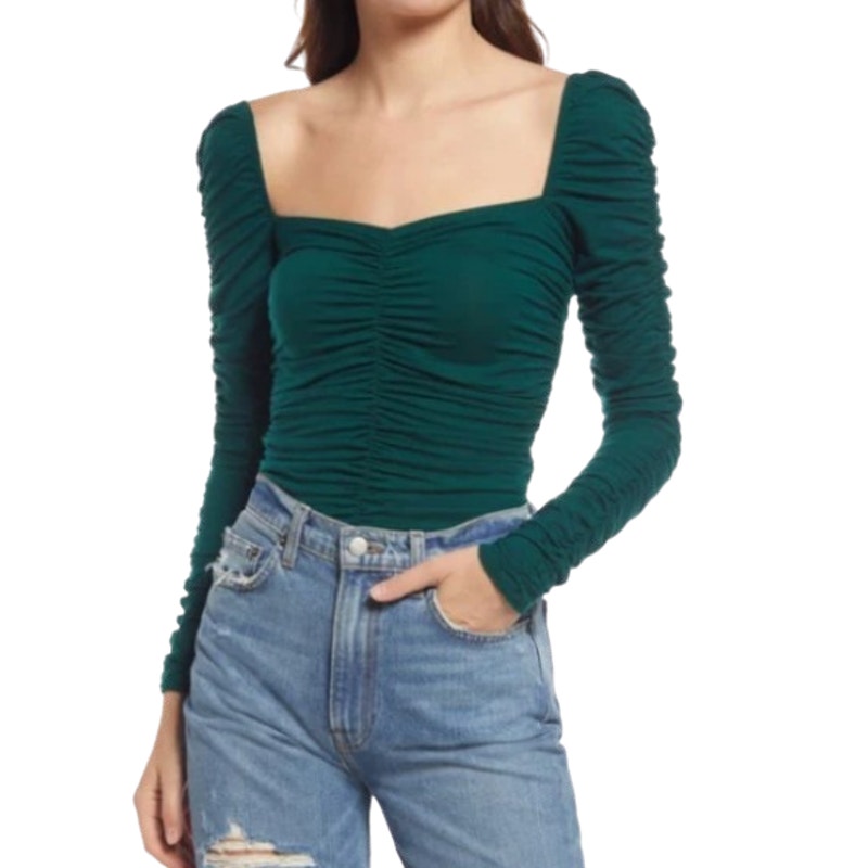 REFORMATION Women's Esra Queen Ann Neck Ruched Blouse Small Emerald Green EUC