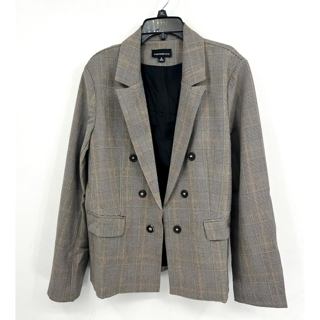 FORTUNE + IVY Women Double-Breasted Blazer Medium Glen Plaid Grey Multi NWOT