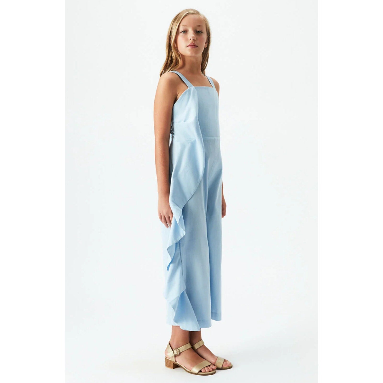 BARDOT JUNIOR Girl's Nelly Ruffle Jumpsuit Size 10 Sky Blue Square Neck NWT