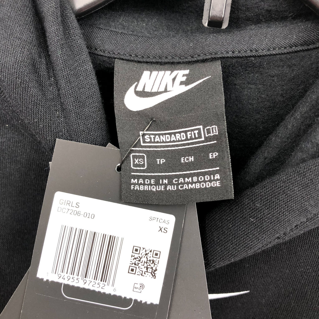 NIKE Girls Club Fleece Pullover Hoodie Club XS Black White Sweatshirt NWT