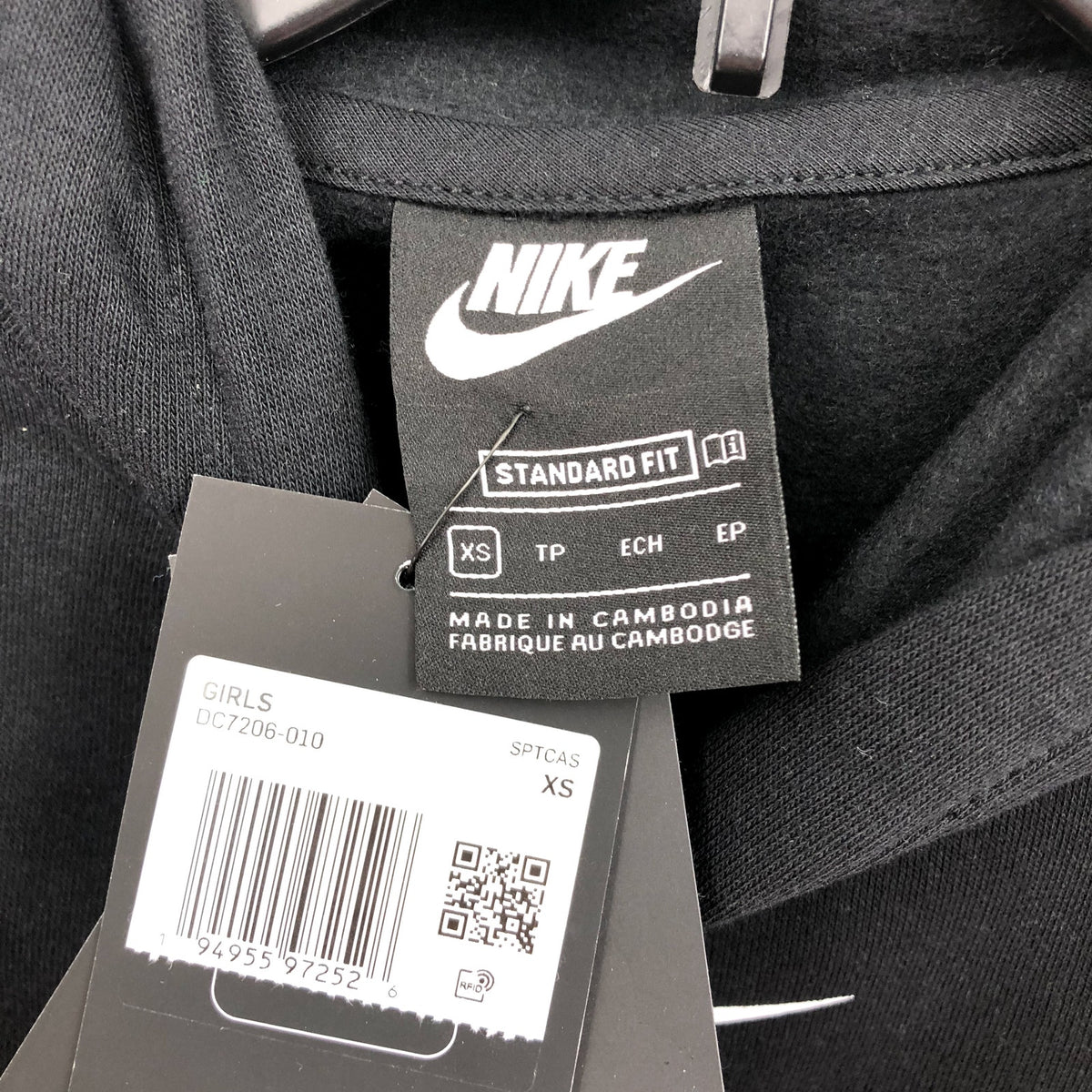 NIKE Girls Club Fleece Pullover Hoodie Club XS Black White Sweatshirt NWT