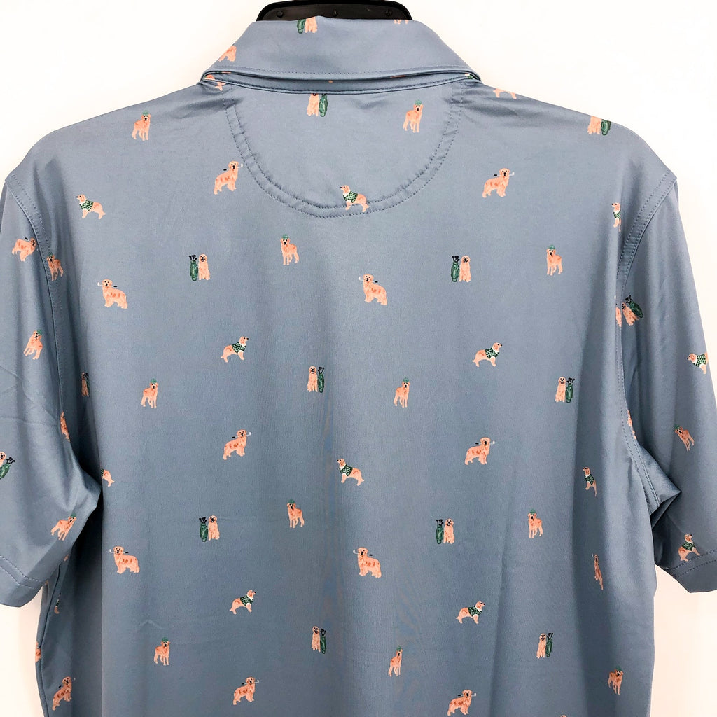 CHUBBIES Mens Performance Polo XL Light Blue Barkin' Up The Wrong Tree Print NWT