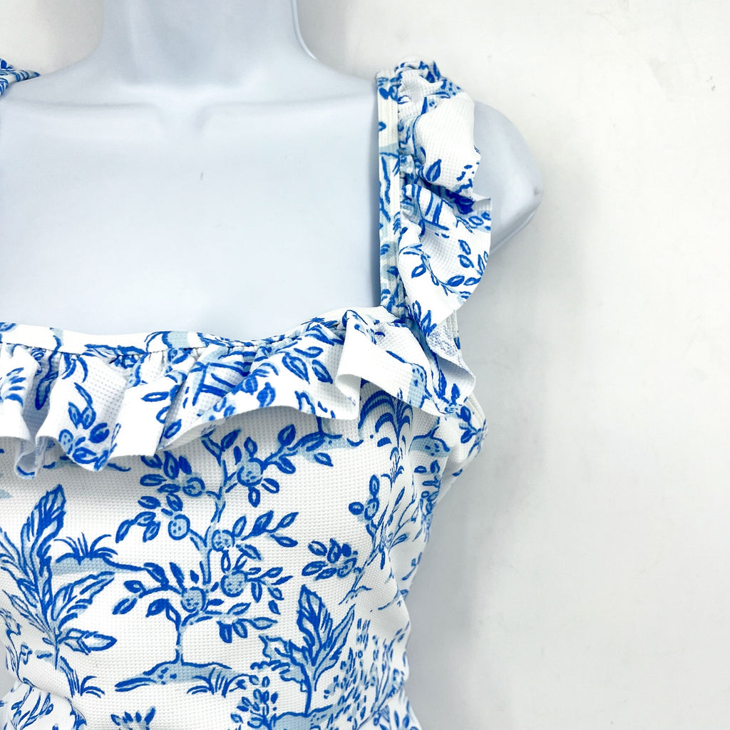 LILLY PULITZER Aemma Ruffle One-piece Swimsuit Size 16 White Blue Tall Tales NWT
