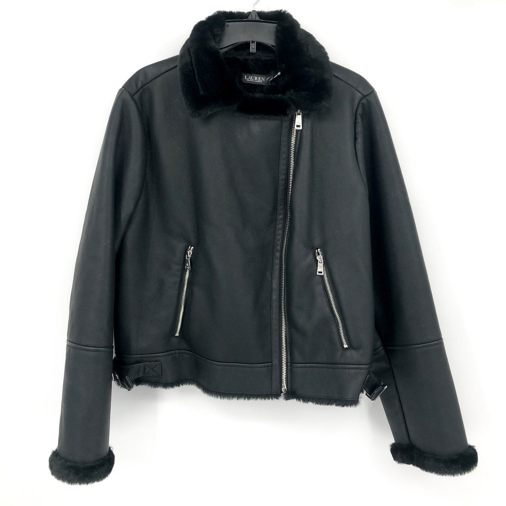 LAUREN RALPH LAUREN Womens Moto Jacket XL Black Faux Leather Shearling NWT