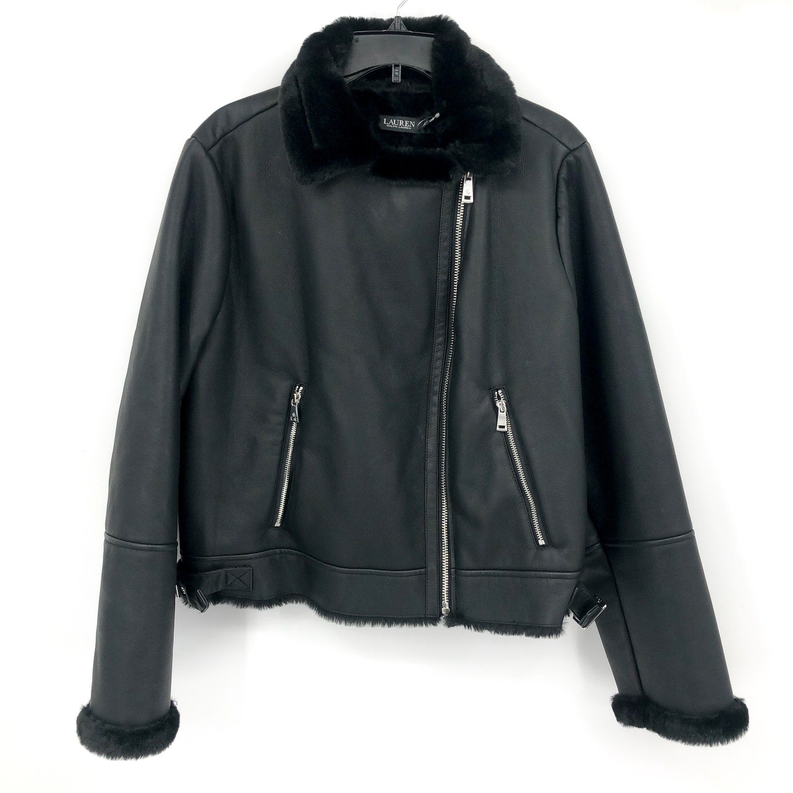 LAUREN RALPH LAUREN Womens Moto Jacket XL Black Faux Leather Shearling NWT