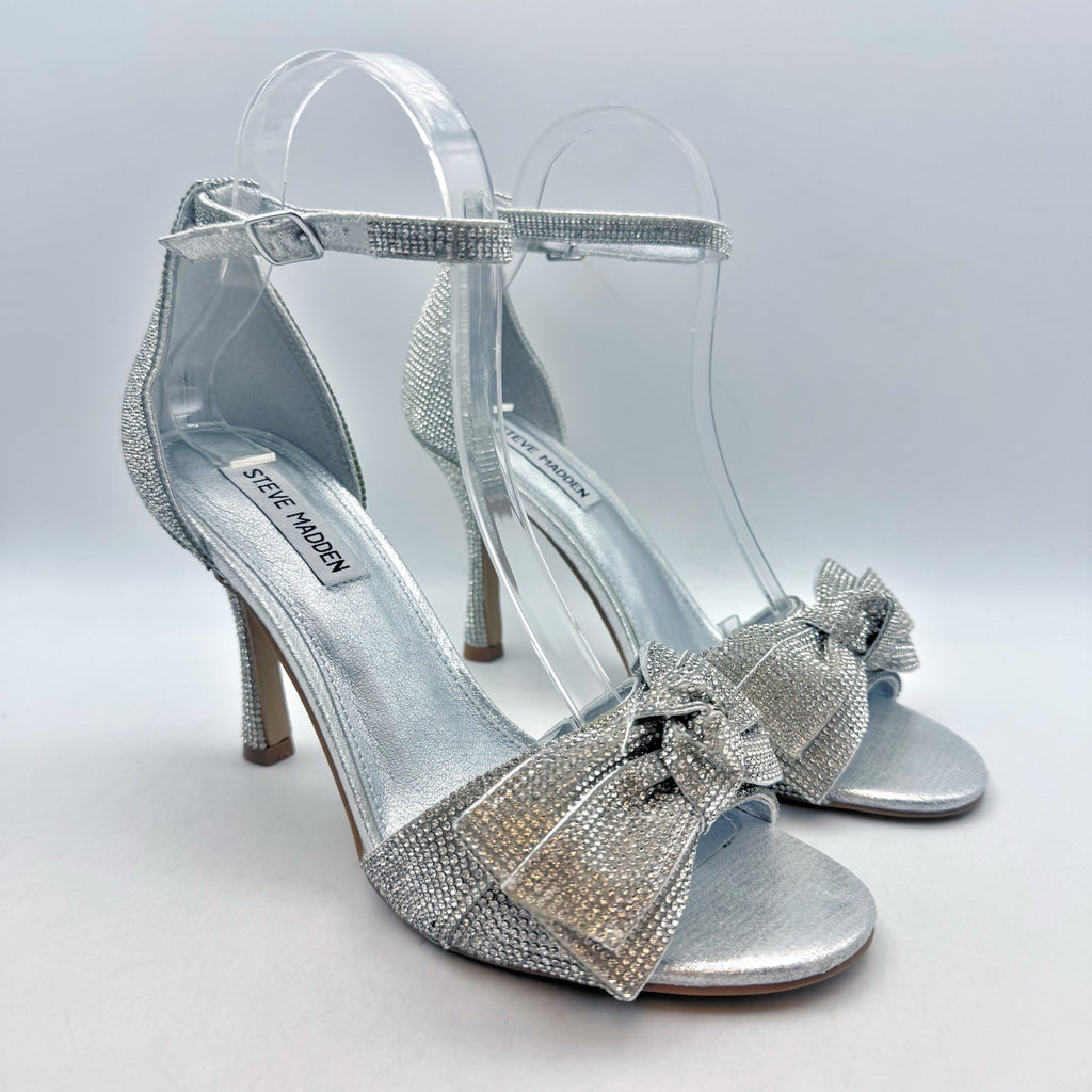 Steve Madden Womens Realm Heeled Sandals US 9 M Silver Rhinestone NWOB