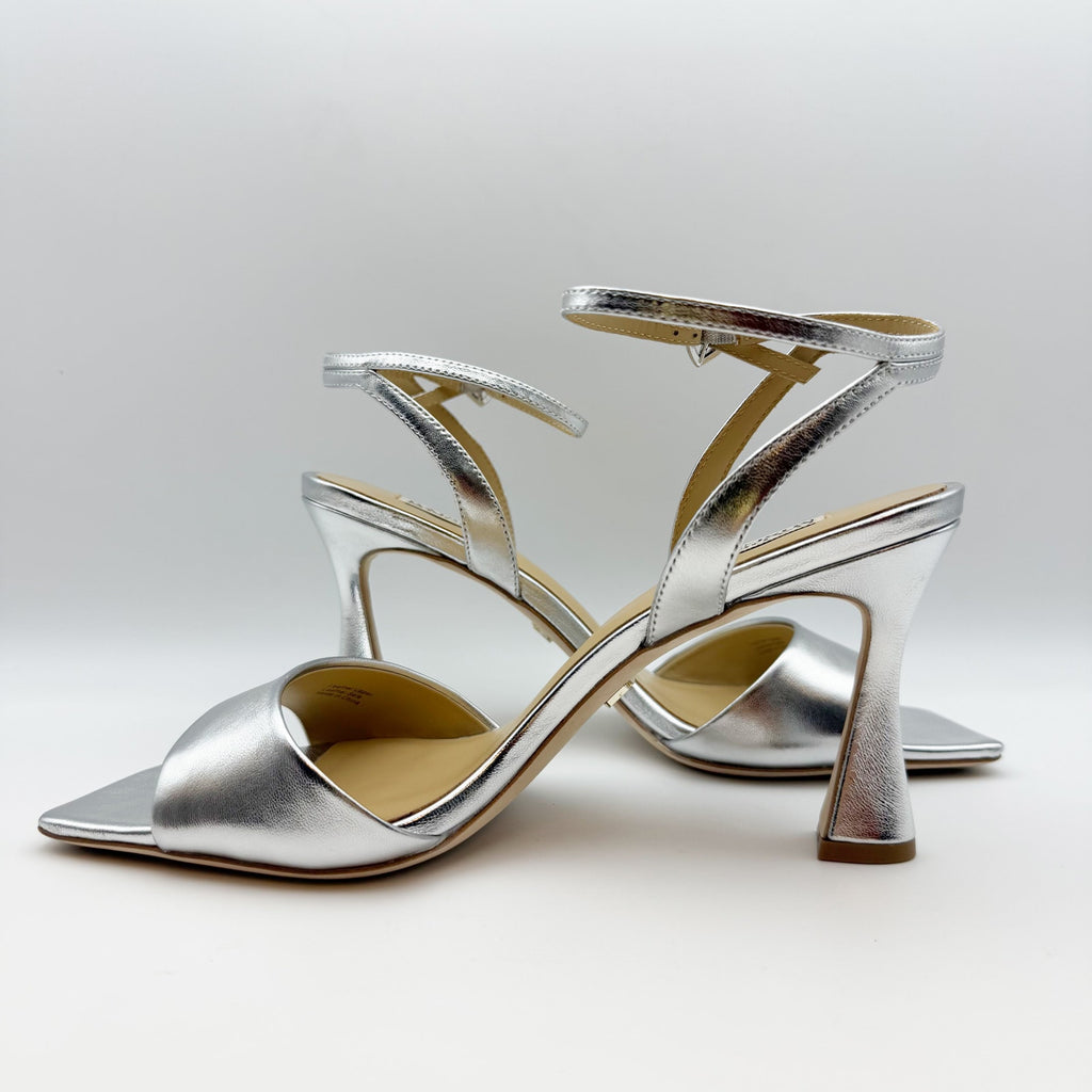 Badgley Mischka Women's Cady Sandals 9.5 Silver Leather Square Toe High Heel NIB