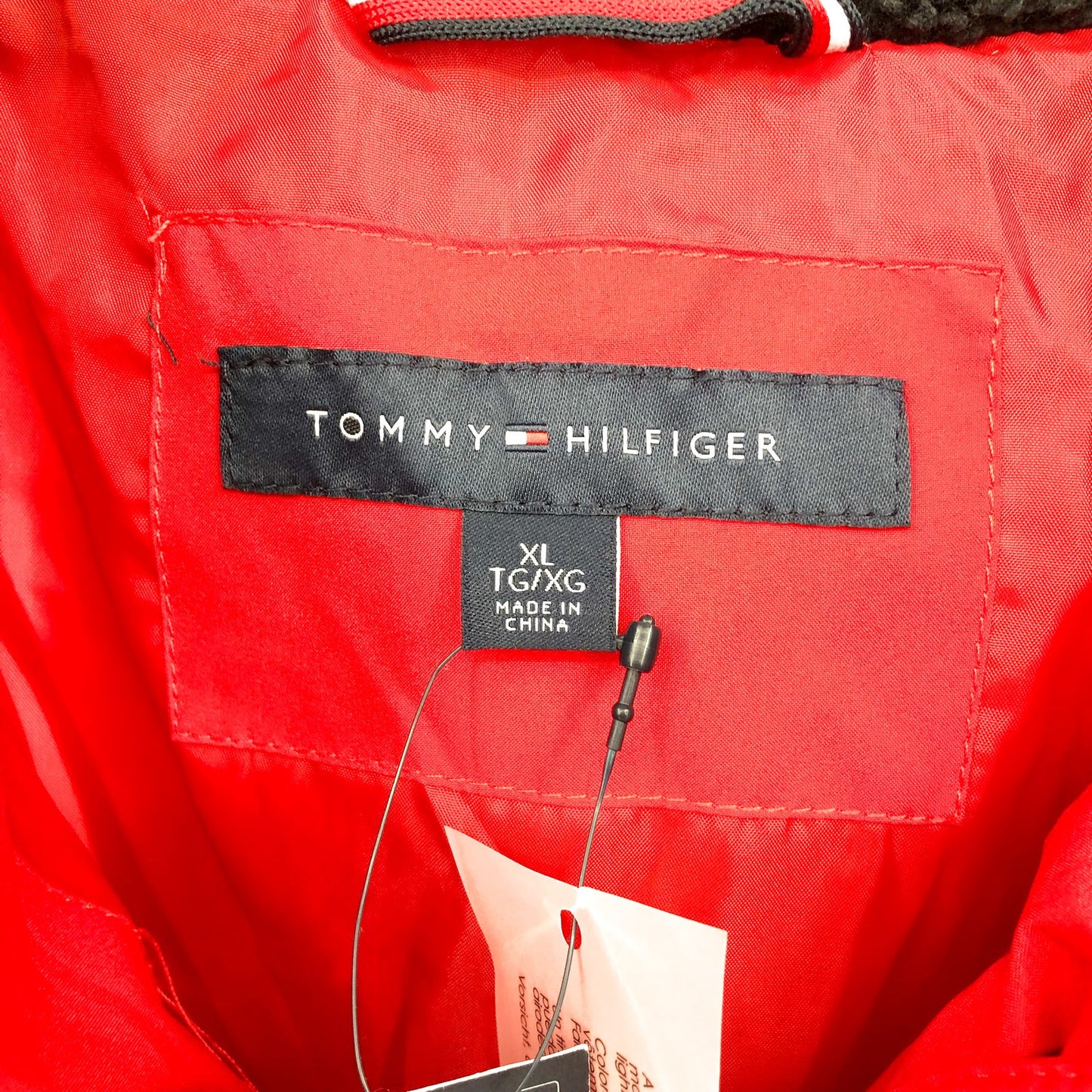 TOMMY HILFIGER Womens Colorblock Puffer Jacket XL Red Black Faux Fur Trim NWT