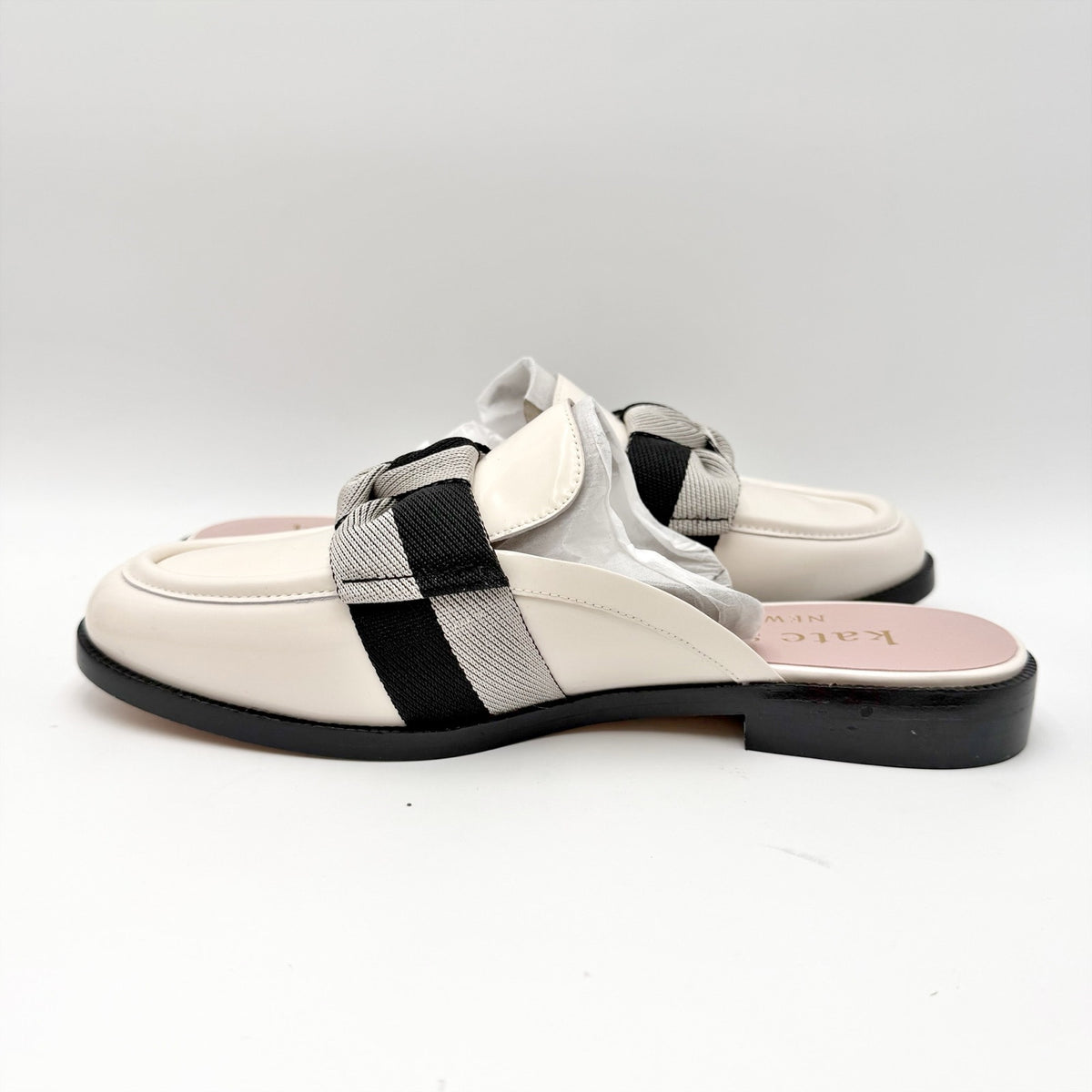 Kate Spade Womens Leandra Mule Loafer Size 9 Cream Patent Leather Twill Bow NIB