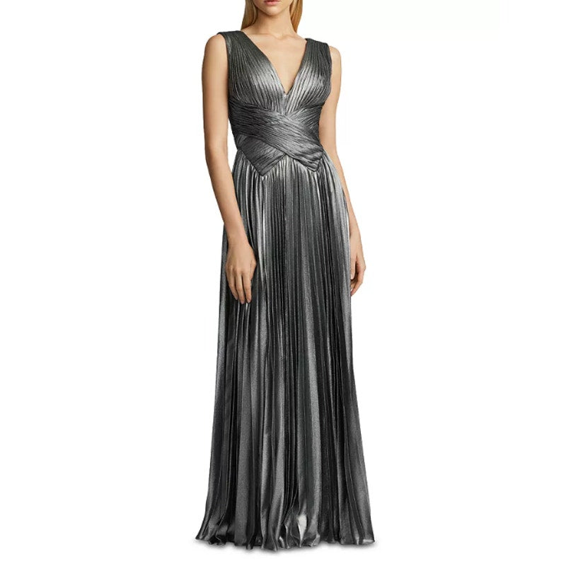ZAC POSEN Women's Pleated Metallic Chiffon Gown Size 6 Silver Sleeveless NWT