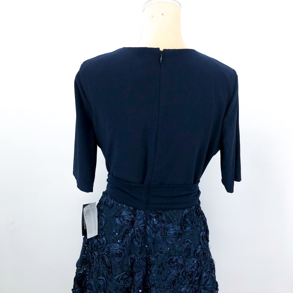 ALEX EVENINGS Womens Tea Length Soutache Dress Size 12 Petite Navy Blue Belt NWT