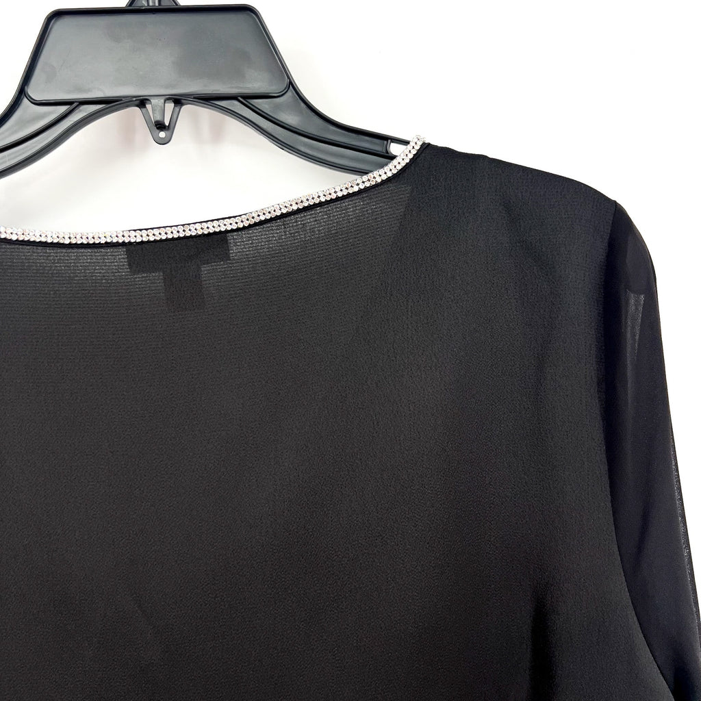 VINCE CAMUTO Womens Rhinestone-Trim Top Small Black V Neck Sheer Long Sleeve NWT