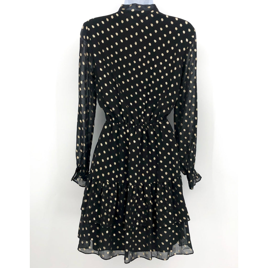 NANETTE LEPORE Metallic Dot Dress Size 2 Black Gold Chiffon Ruffle Neck NWT