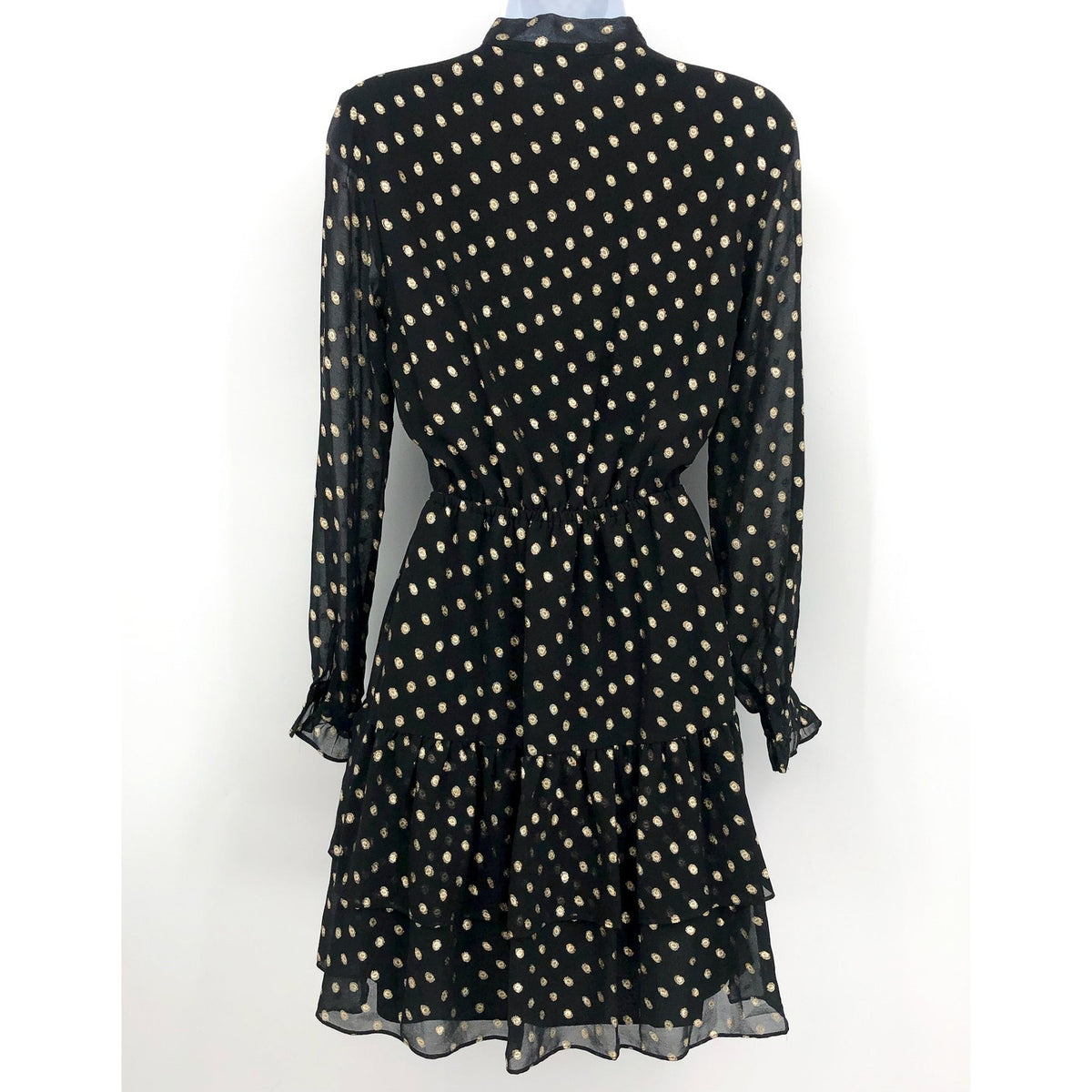 NANETTE LEPORE Metallic Dot Dress Size 2 Black Gold Chiffon Ruffle Neck NWT