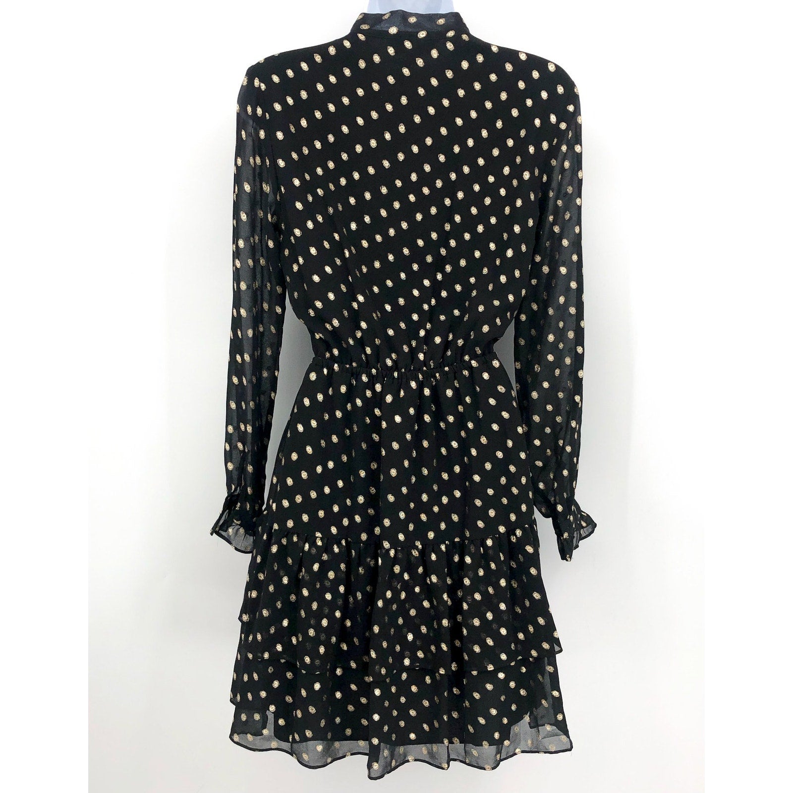 NANETTE LEPORE Metallic Dot Dress 2 Black Gold Chiffon Ruffle Neck Scarf NWT