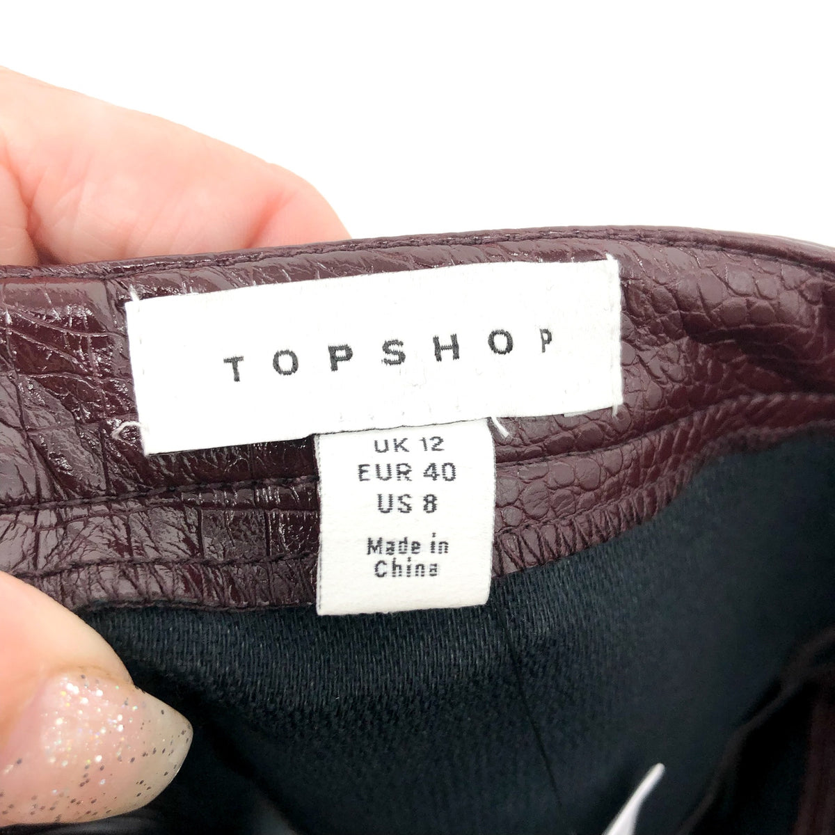 TOPSHOP Women's Crocodile Pencil Midi Skirt Size 8 Red Burgundy Faux Leather NWT