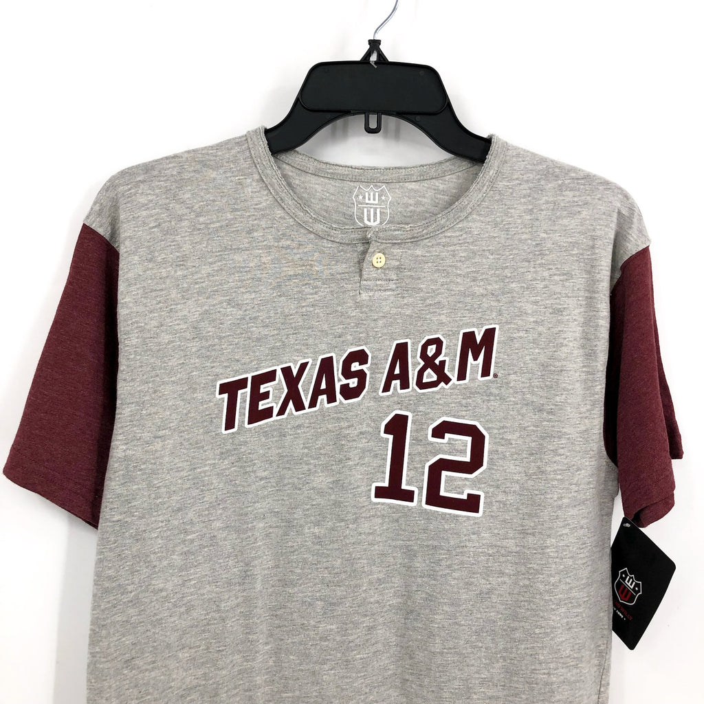 WES & WILLY  Boys Texas A&M Baseball Henley Tshirt Large Grey Red NWT