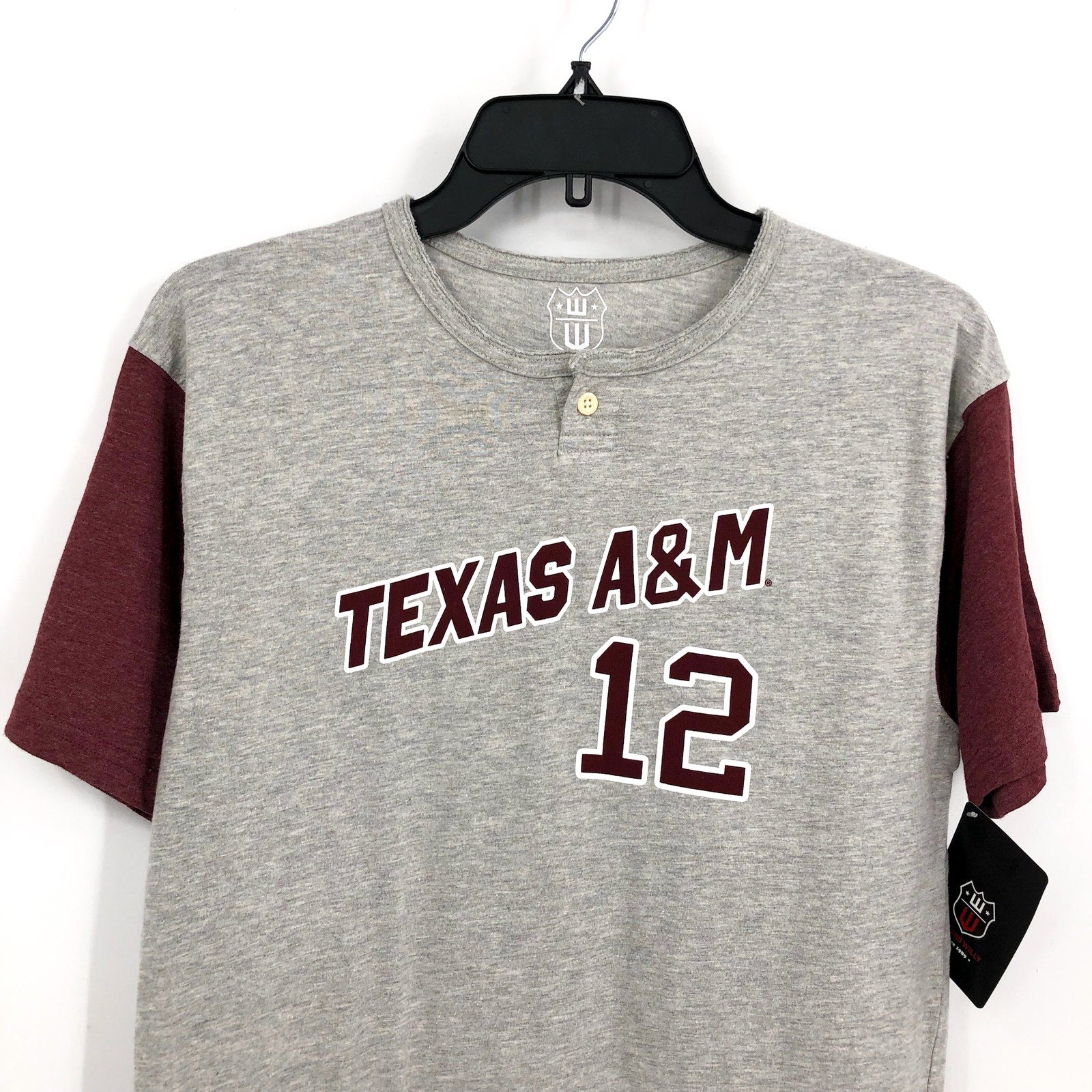 WES & WILLY  Boys Texas A&M Baseball Henley Tshirt Large Grey Red NWT