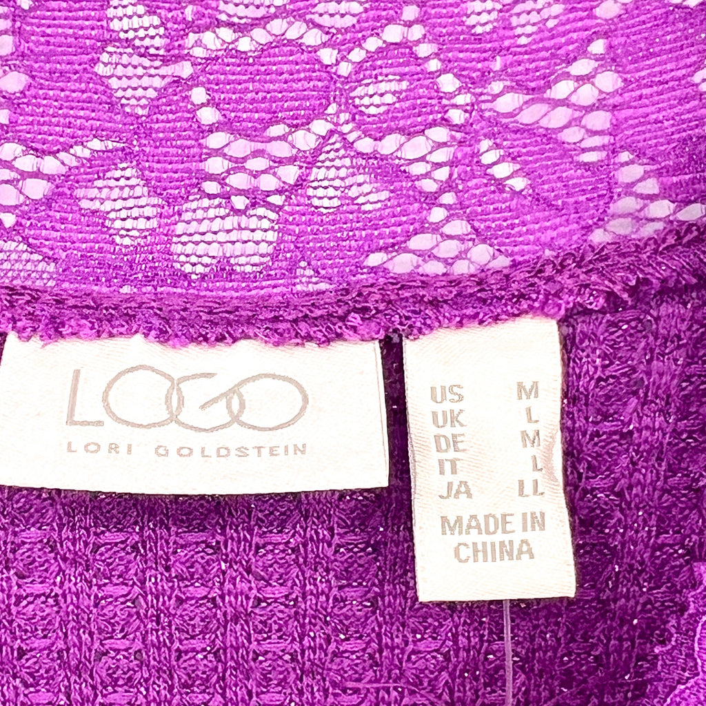 LOGO LORI GOLDSTEIN Metallic Waffle Knit Top Medium Purple Long Sleeve NWOT