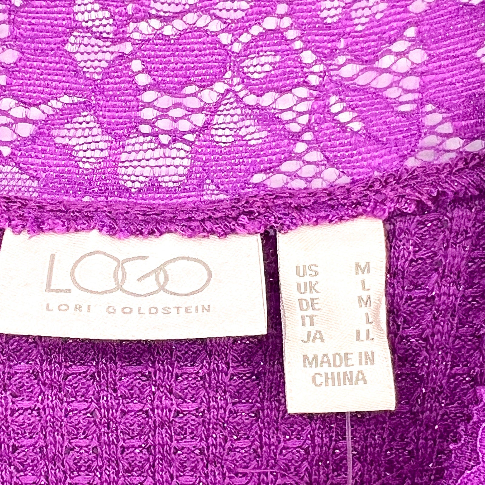 LOGO LORI GOLDSTEIN Metallic Waffle Knit Top Medium Purple Long Sleeve NWOT