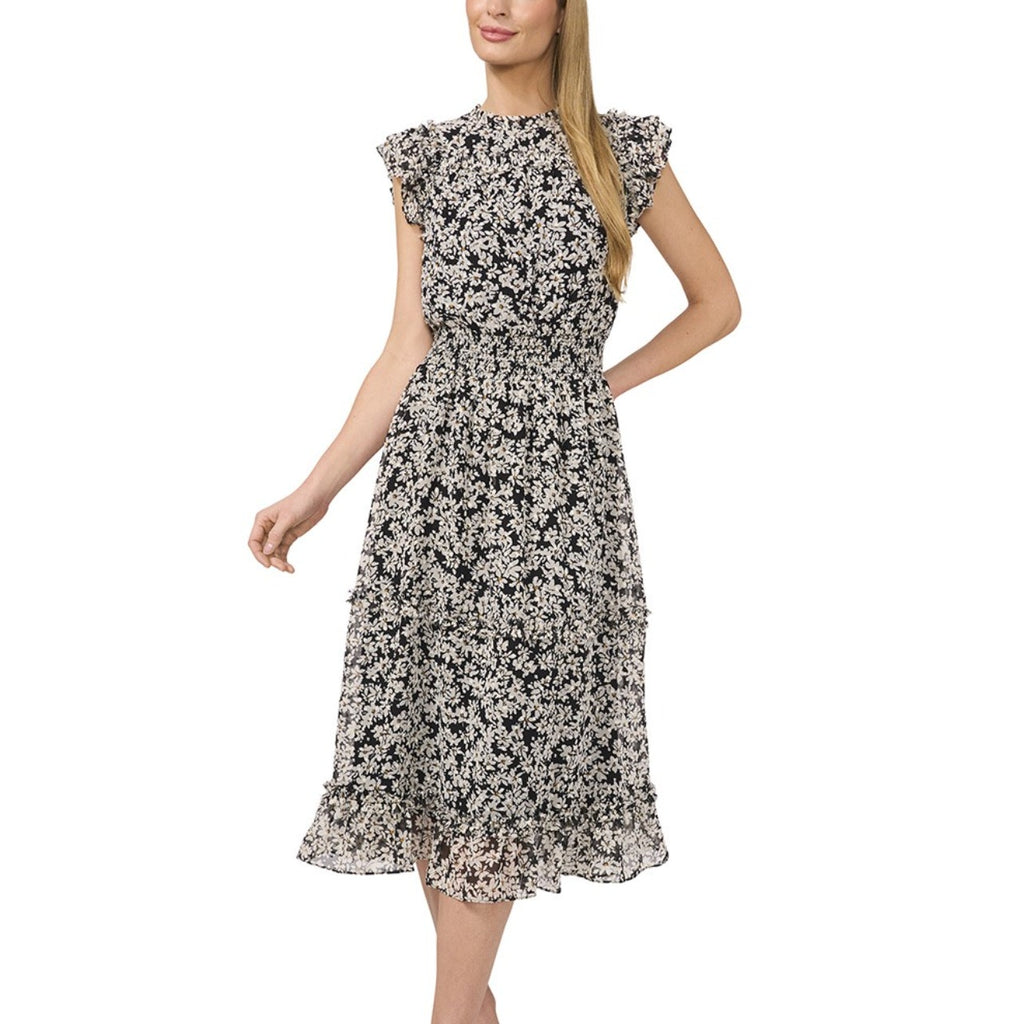 CECE Women's Floral Print Midi Dress Small Black White Smocked Waist NWT