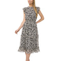 CECE Women's Floral Print Midi Dress Small Black White Smocked Waist NWT