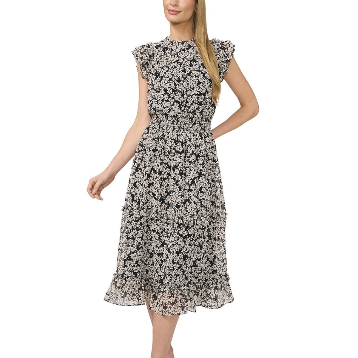 CECE Women's Floral Print Midi Dress Small Black White Smocked Waist NWT