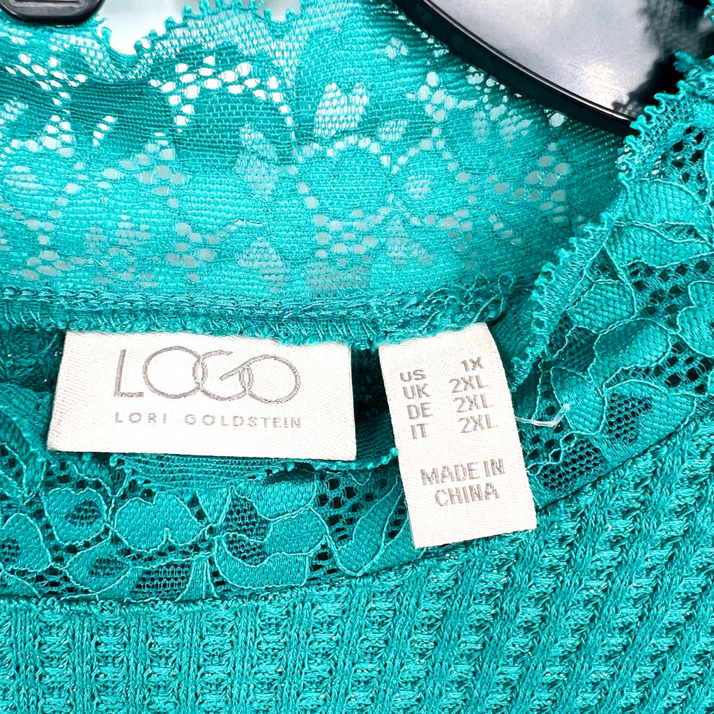 LOGO LORI GOLDSTEIN Metallic Waffle Knit Top 1X Blue Green Long Sleeve NWOT